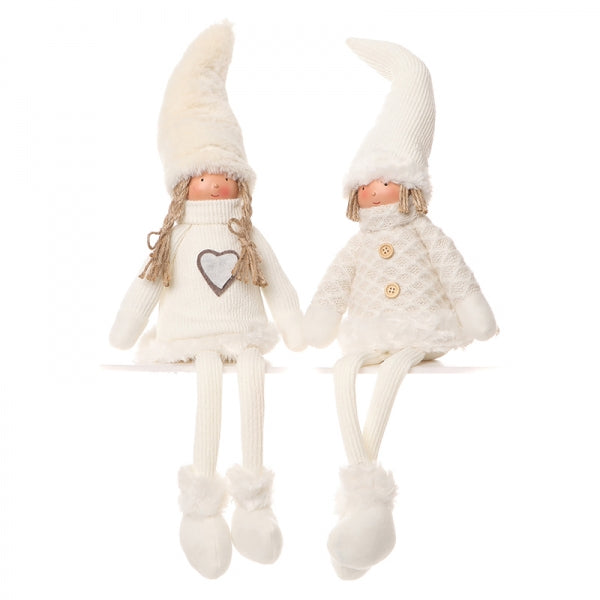 Two sitting dolls with cream pointy hats, jumpers, tights, boots and heart or buttons on jumpers