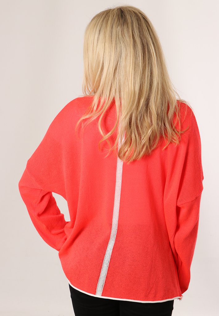 Coral cotton jumper with white trim and stripe down back