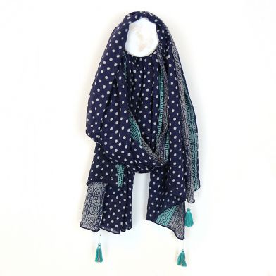 Navy and white polka dot cotton summer scarf with grey and aqua aztec design border and aqua tassels