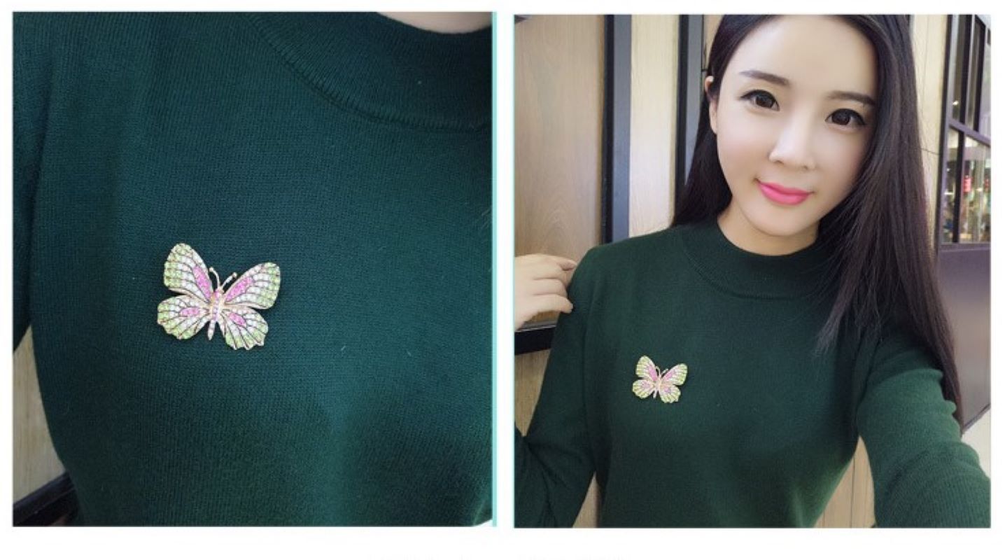 Crystal Butterfly Brooch - Green/Pink
