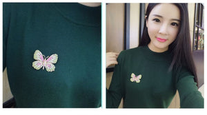 Crystal Butterfly Brooch - Green/Pink