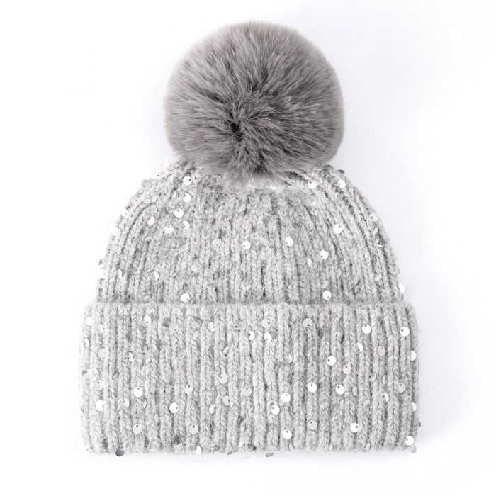 silver sequin wool hat with faux fur pom pom 