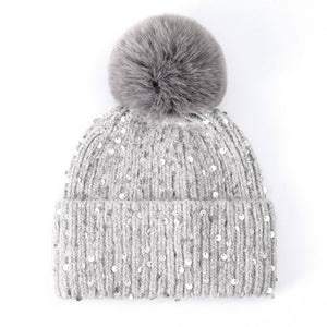silver sequin wool hat with faux fur pom pom 
