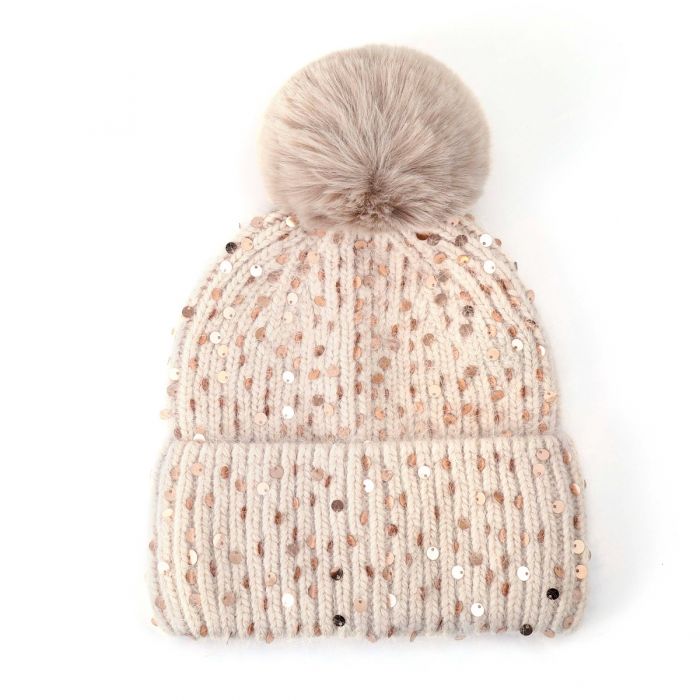 beige wool cashmere blend hat with sequins and faux fur pom pom 