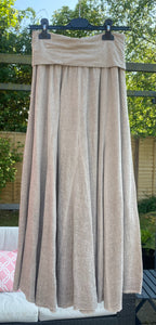 Mocha washed linen sugarbabe maxi skirt hanging up outside in the garden 