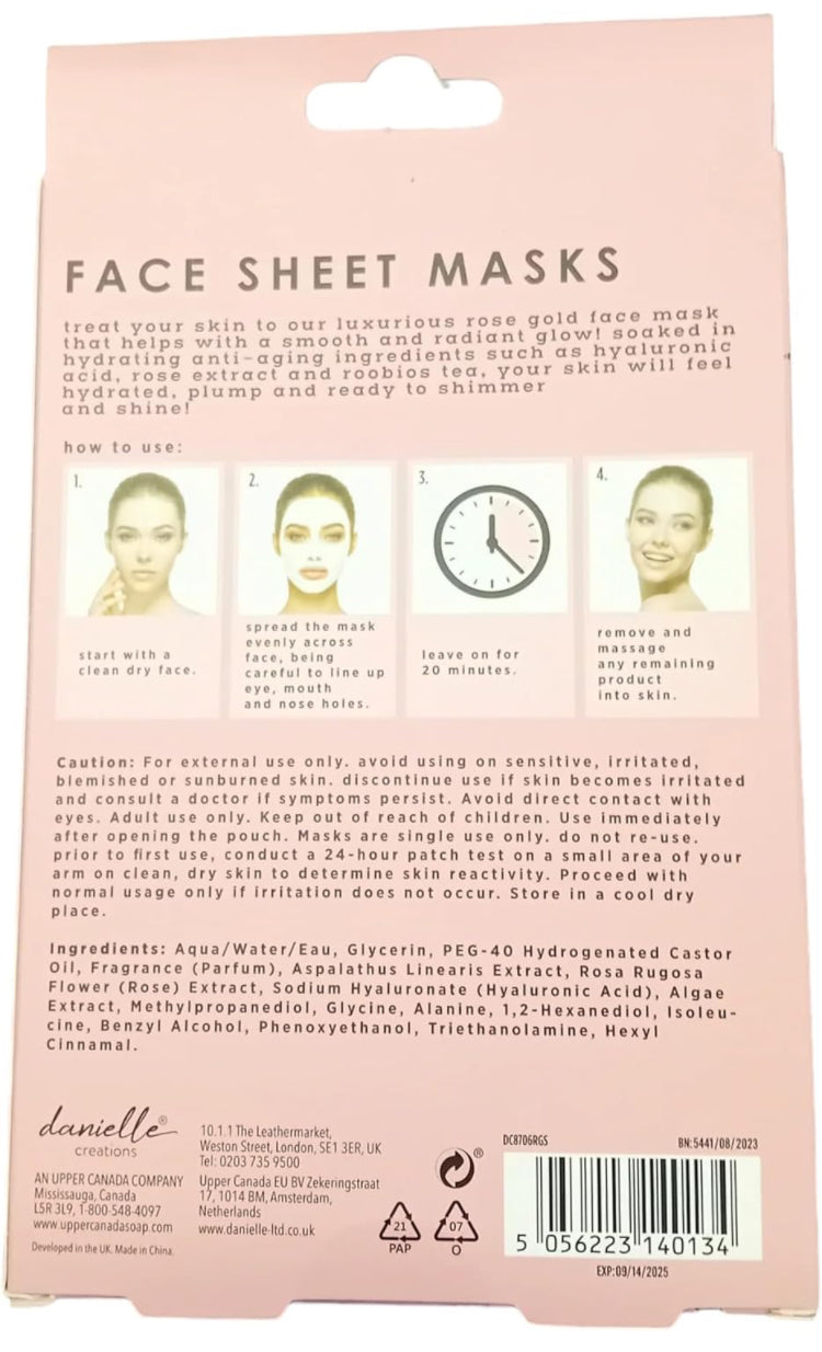 Rose Gold Shimmer Sheet Face Masks - Pack Of 5