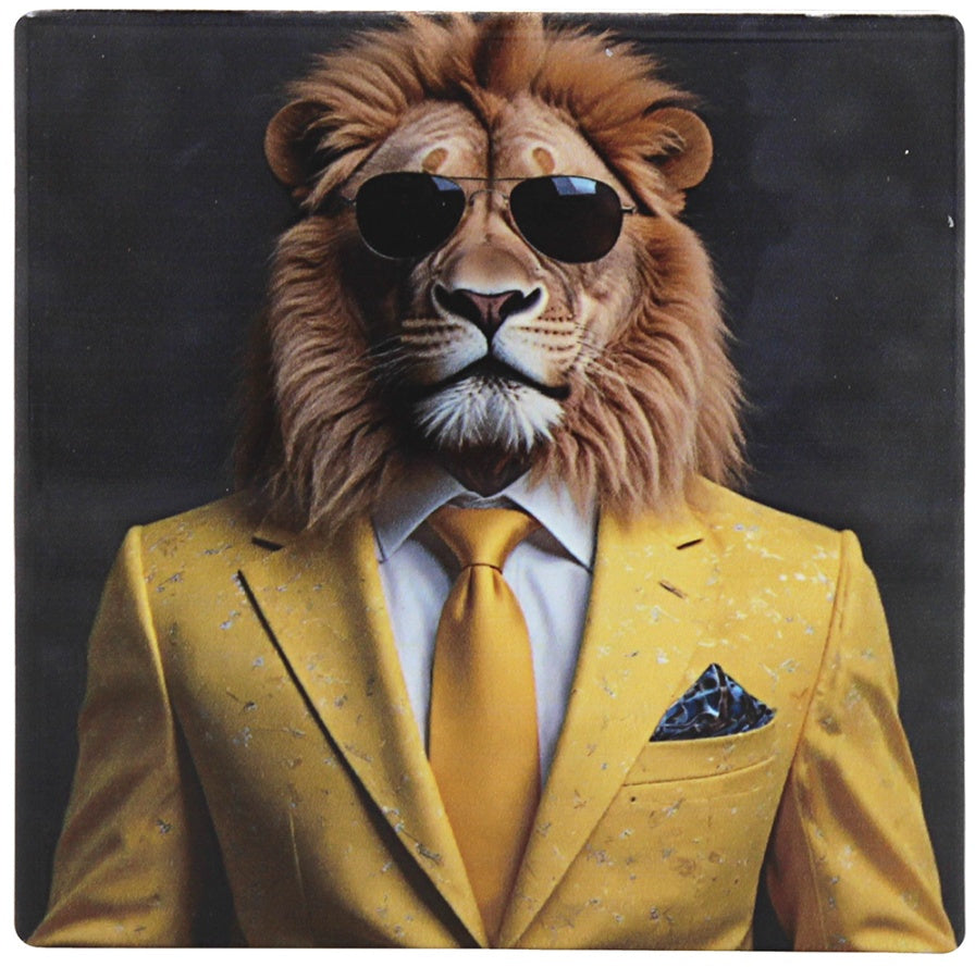 Ceramic coaster of Lion wearing a yellow suit and sunglasses on a dark background