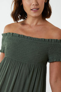 Shirred Bardot Dress