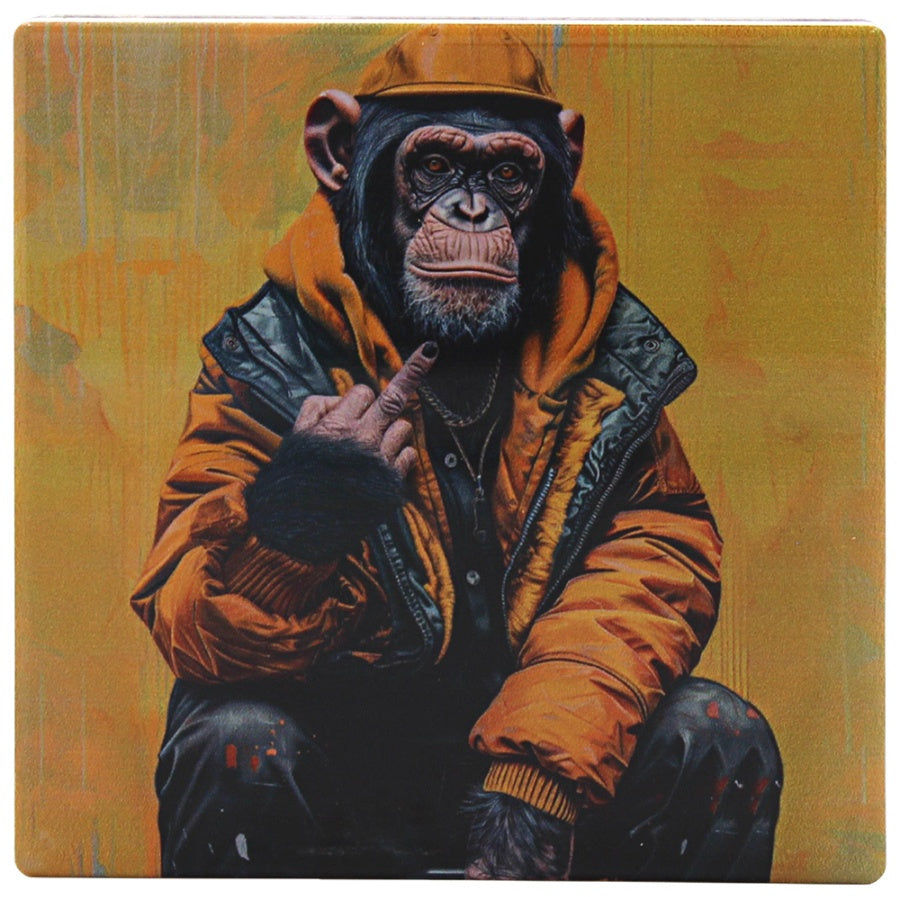 Ceramic coaster of Chimpanzee wearing an orange jacket on a textured yellow background middle finger up 