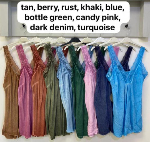 Lace trim v neck silky cami tops on hangers in various colours 