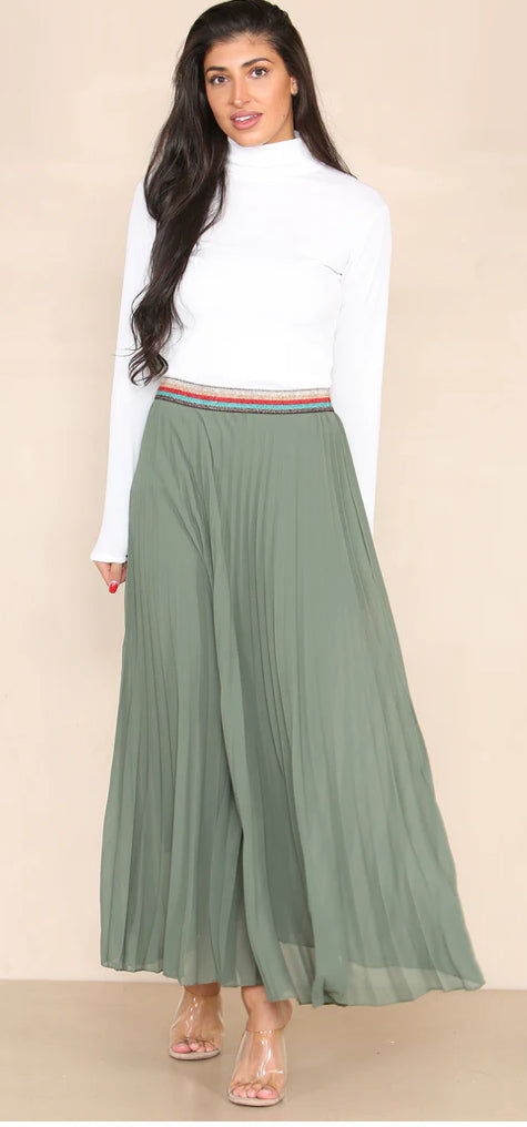 Rainbow Waist Pleated MAXI Skirt