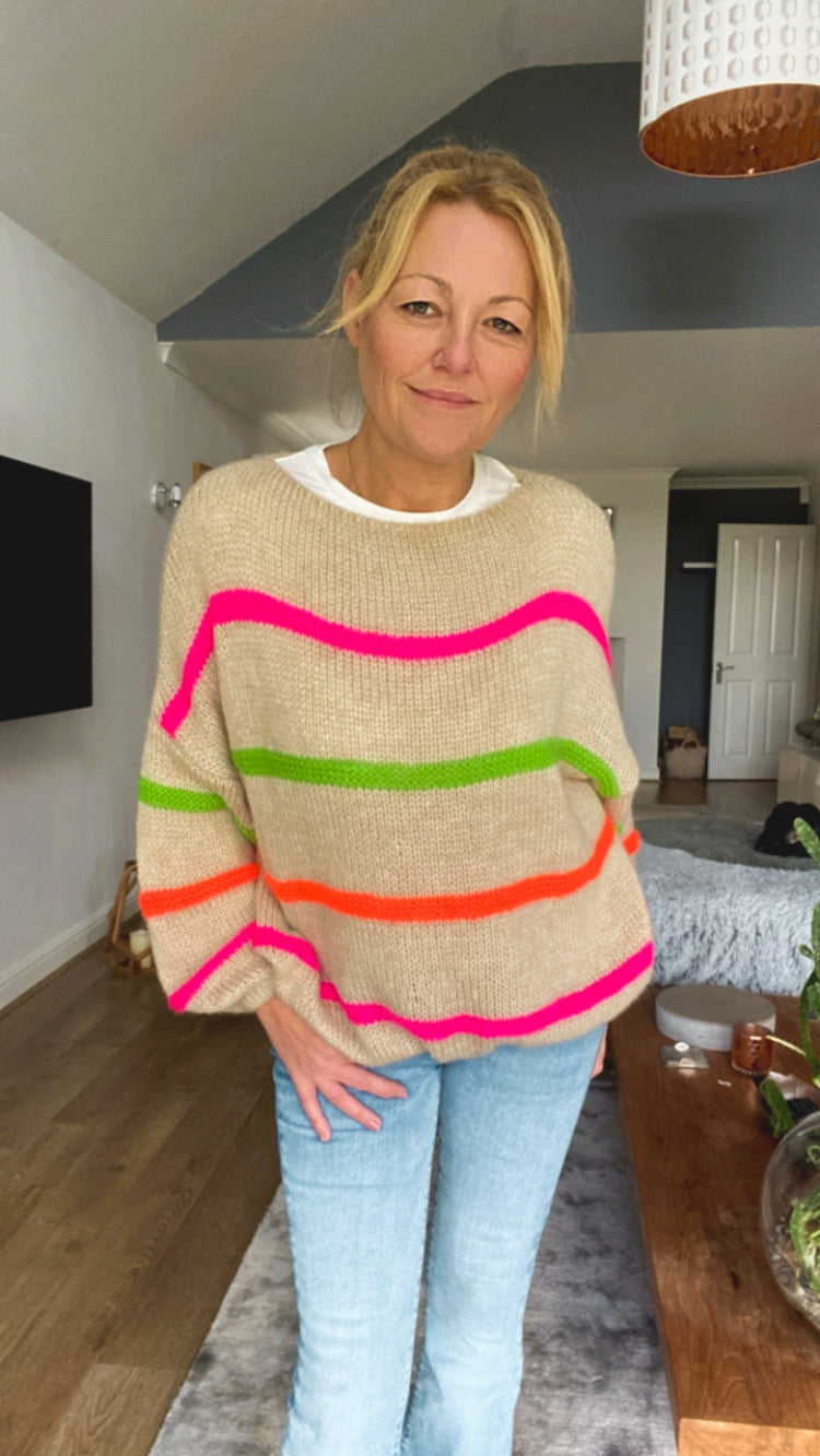 Neon Stripe Jumper - Taupe loo
