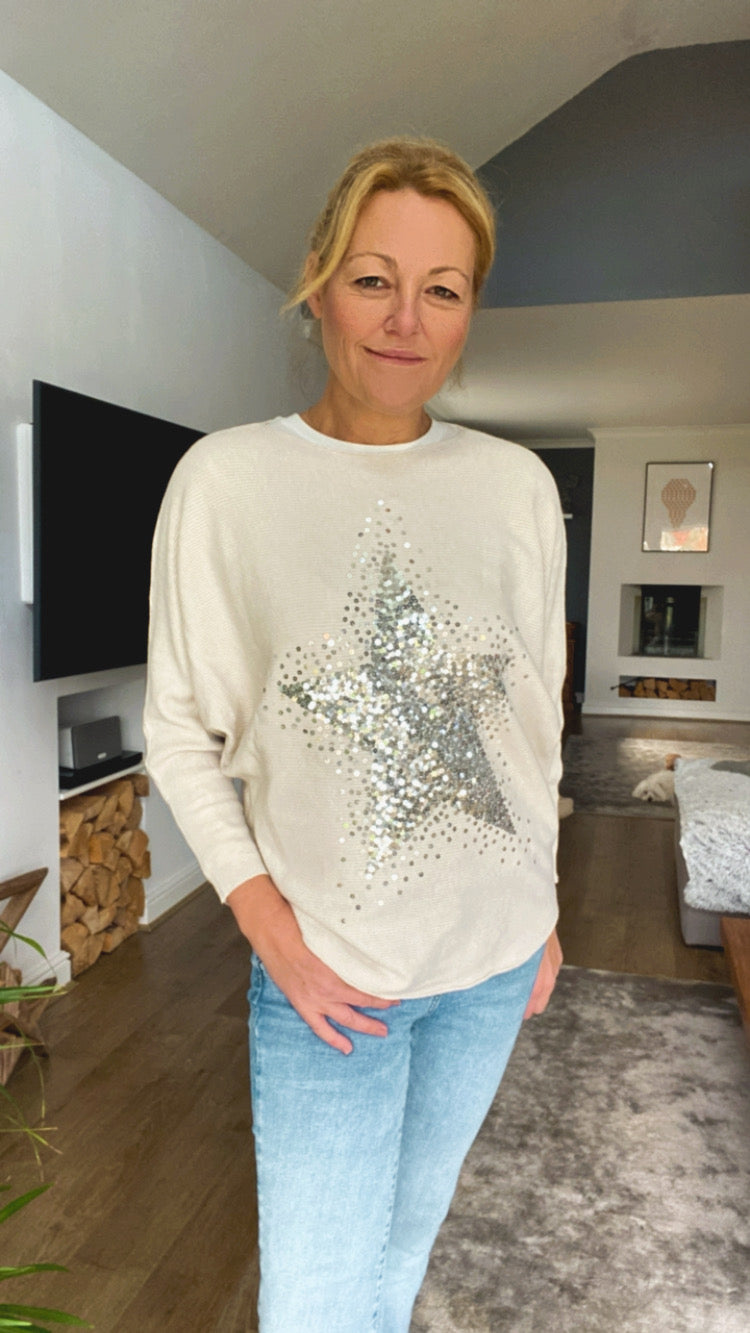 Sequin Star Jumper - Stone