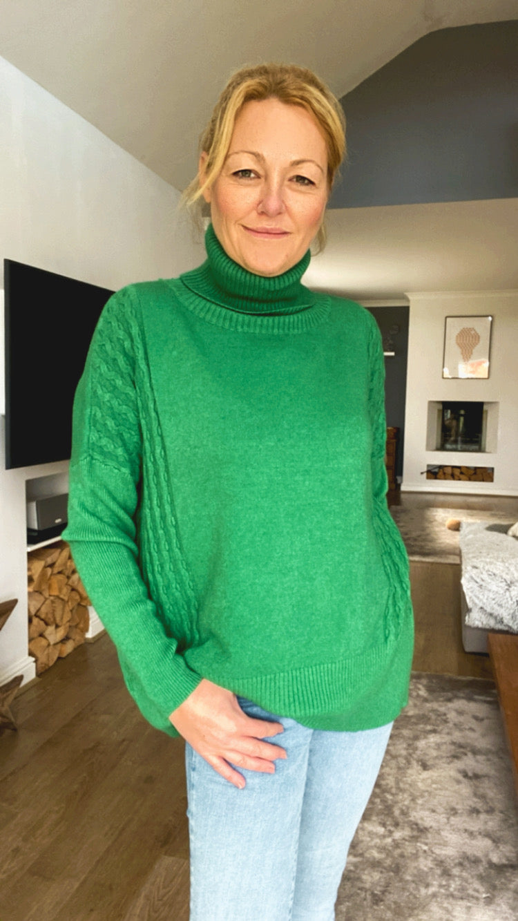 Cable Detail Cowl Neck Jumper - Green