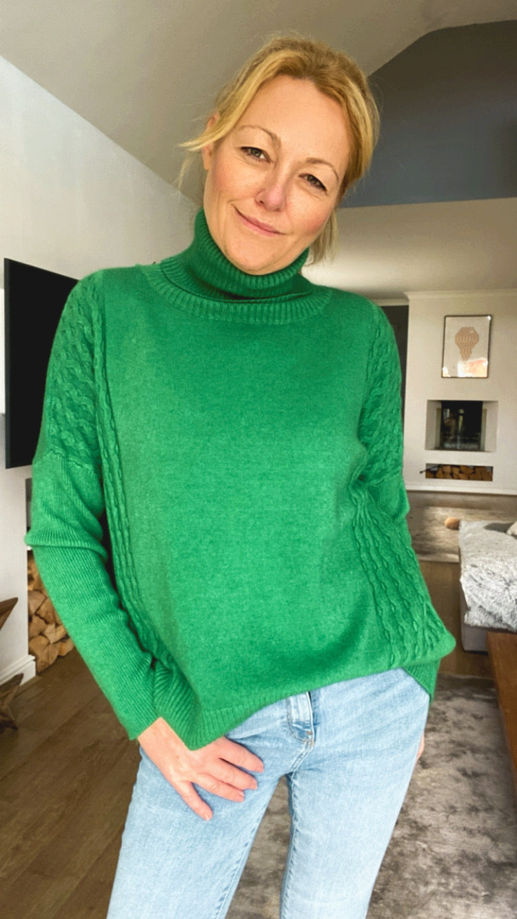 Cable Detail Cowl Neck Jumper - Green
