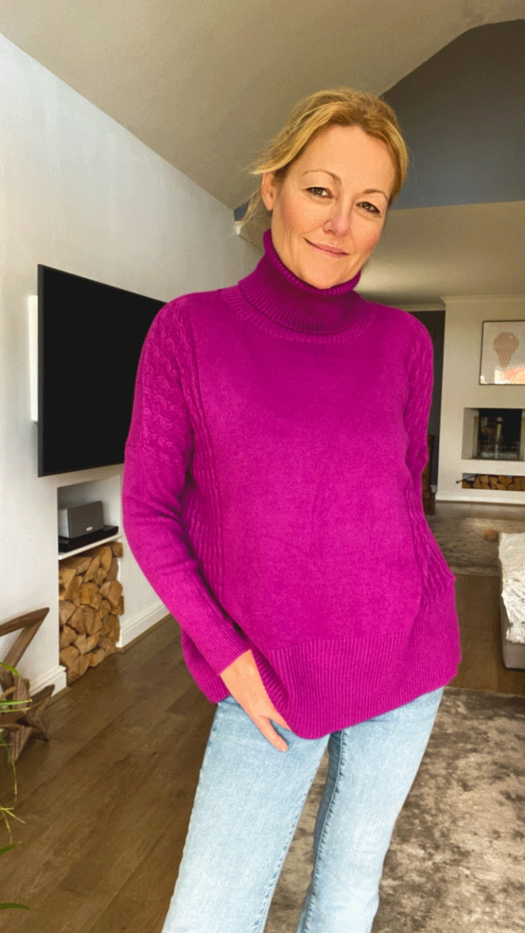 Cable Detail Cowl Neck Jumper - PURPLE