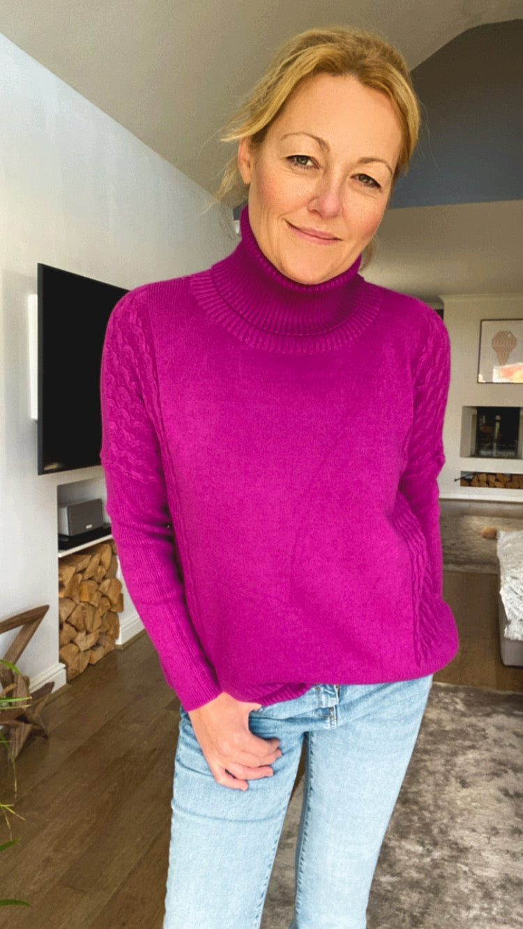 Cable Detail Cowl Neck Jumper - PURPLE