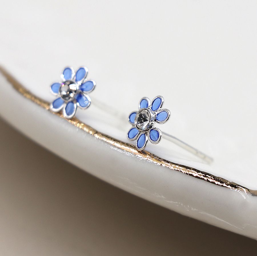 tiny sterling silver blue enamel flower stud earrings with crystal centre
