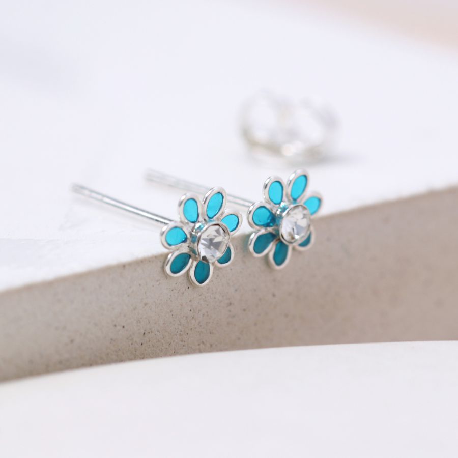 Sterling Silver Teal Flower Studs