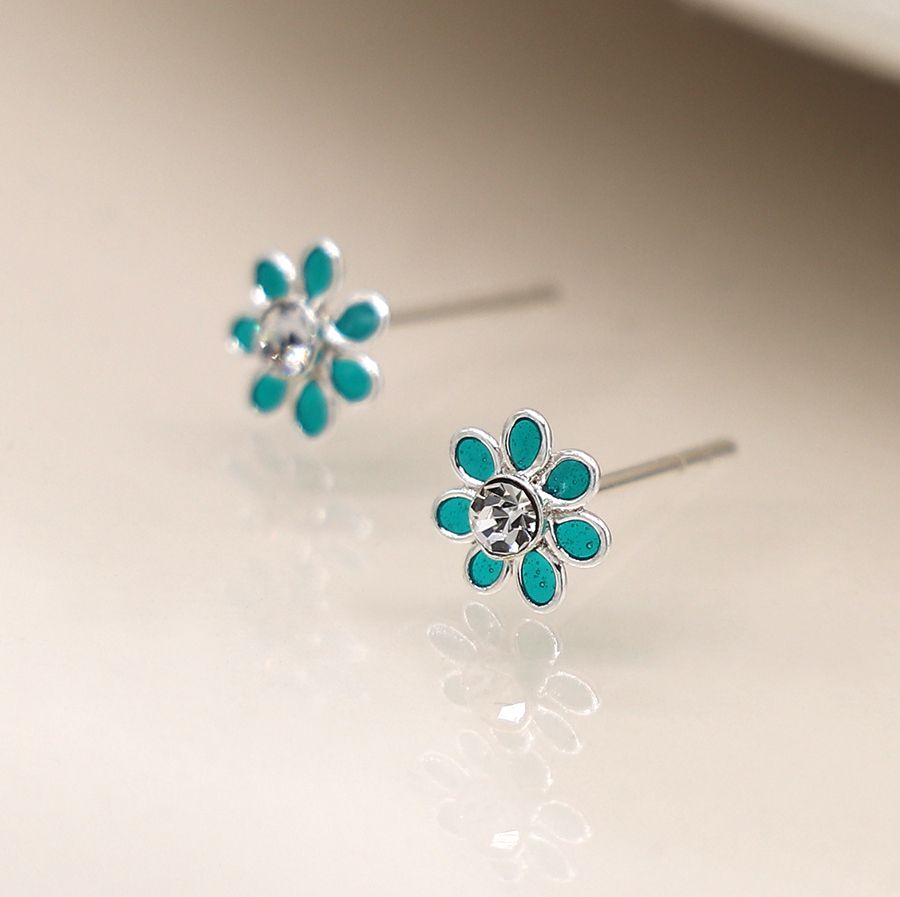 tiny sterling silver teal flower studs 