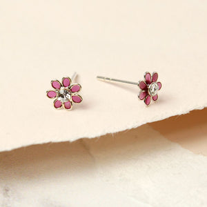 tiny pink flower stud earrings with a crystal centre