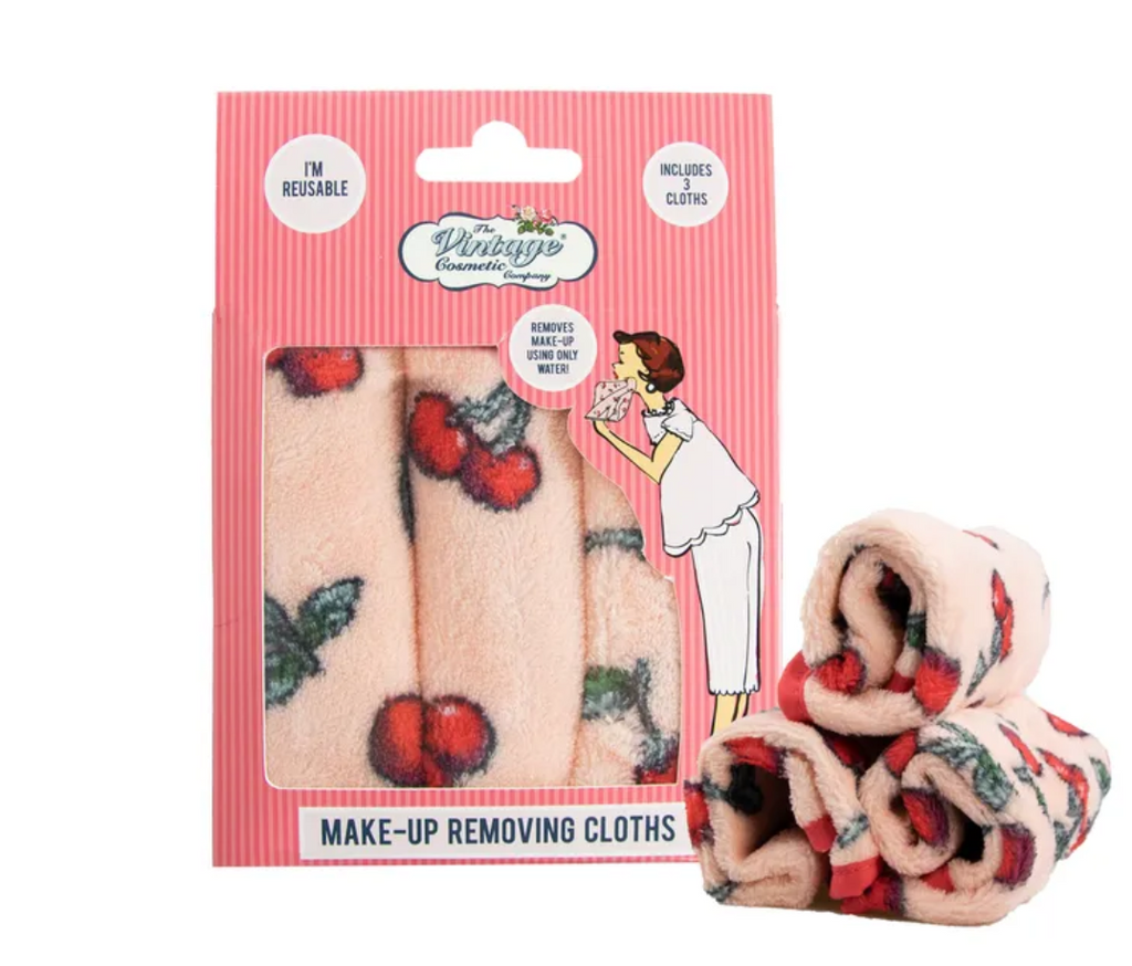 Vintage cherry make up removing cloths in pretty pink packaging