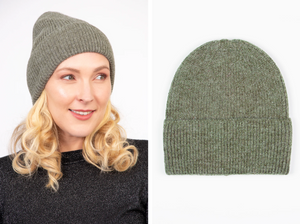 model wearing a khaki acrylic beanie hat 