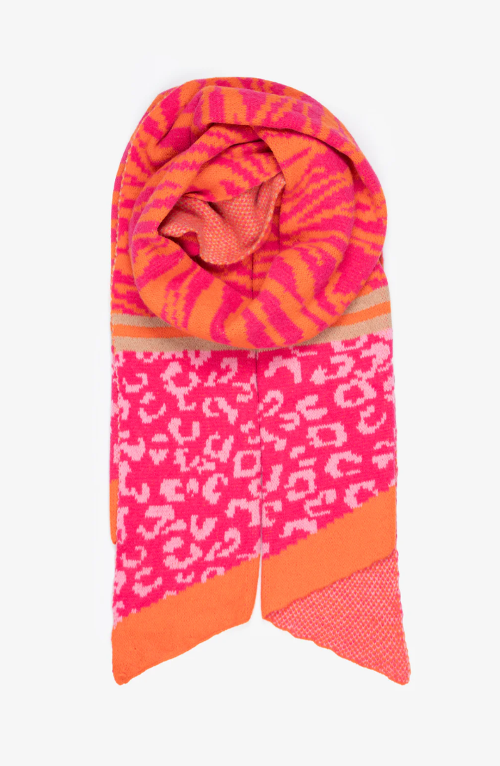 bright long winter scarf in fuchsia and orange with tiger and leopard print design