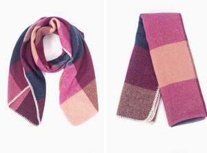 long winter scarf with purple pink and blue check an artisan stitched trim and a gold sparkle throughout 