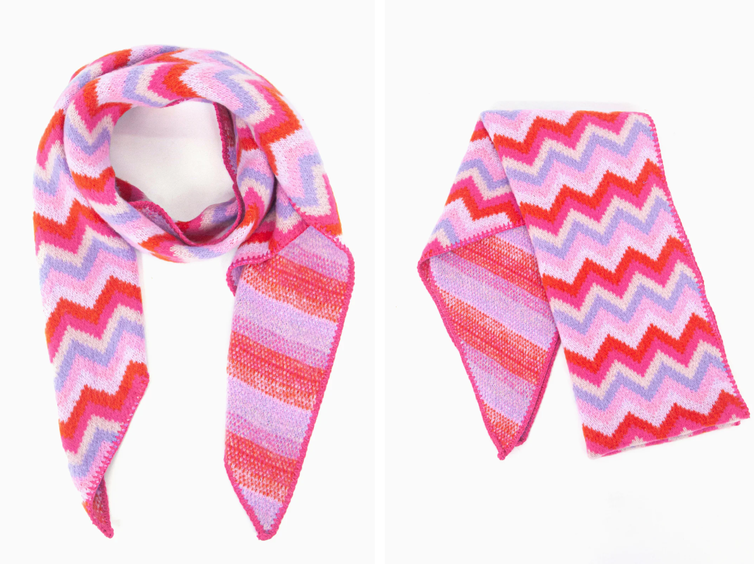 long winter scarf in zig zag design and hot pink and lilac colours 