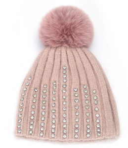 Faux Fur Pop Pom Hat With Rhinestones - Baby Pink