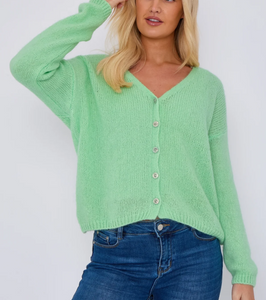 Model wearing mint v neck button through mohair blend long sleeve cardigan 