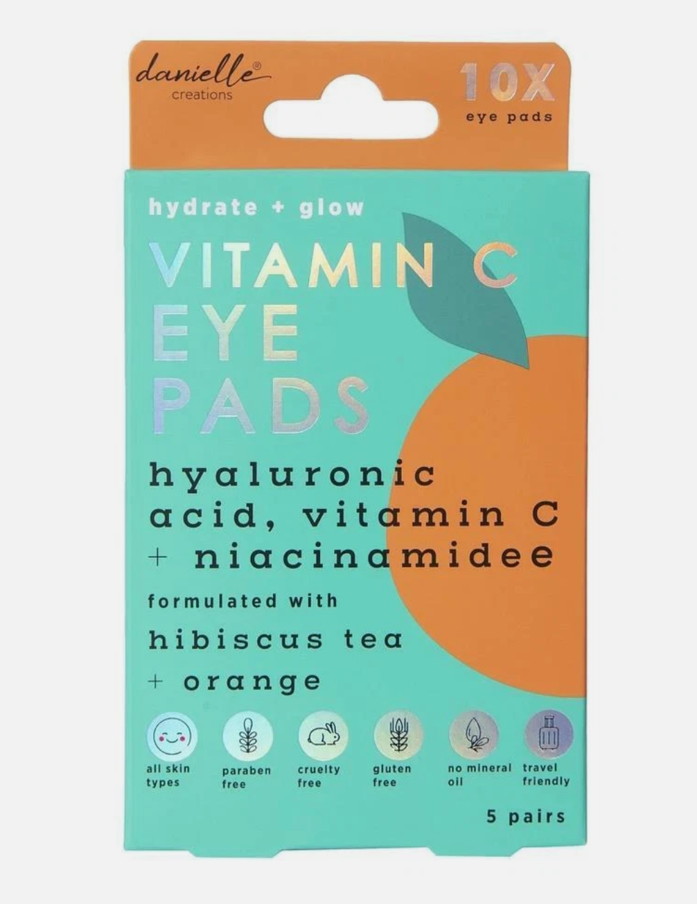 Packaging of Vitamin C eye pads with teal and orange design on a white background