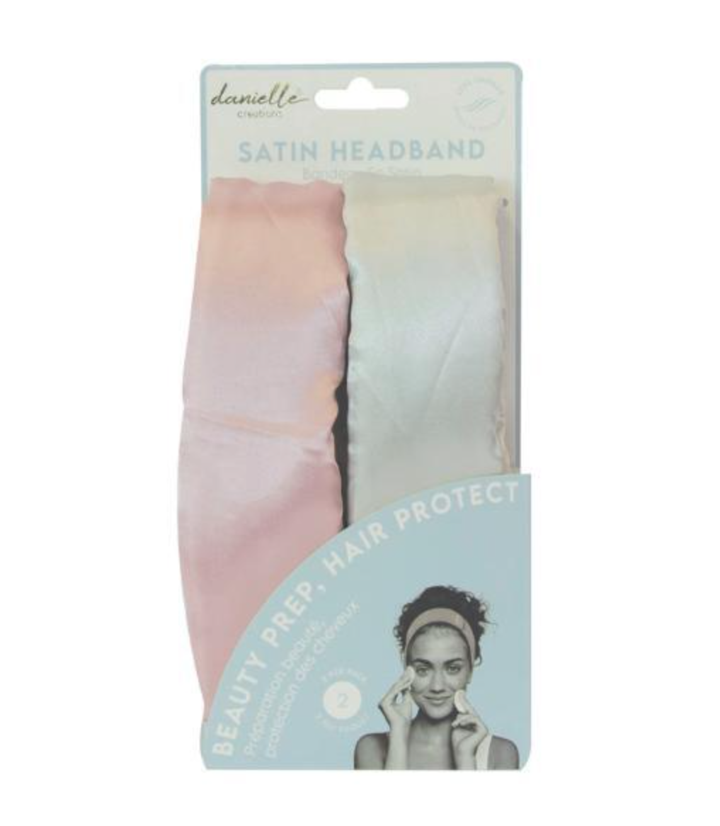 Satin headband packaging with a pink and beige headband and a woman's face on a white background.