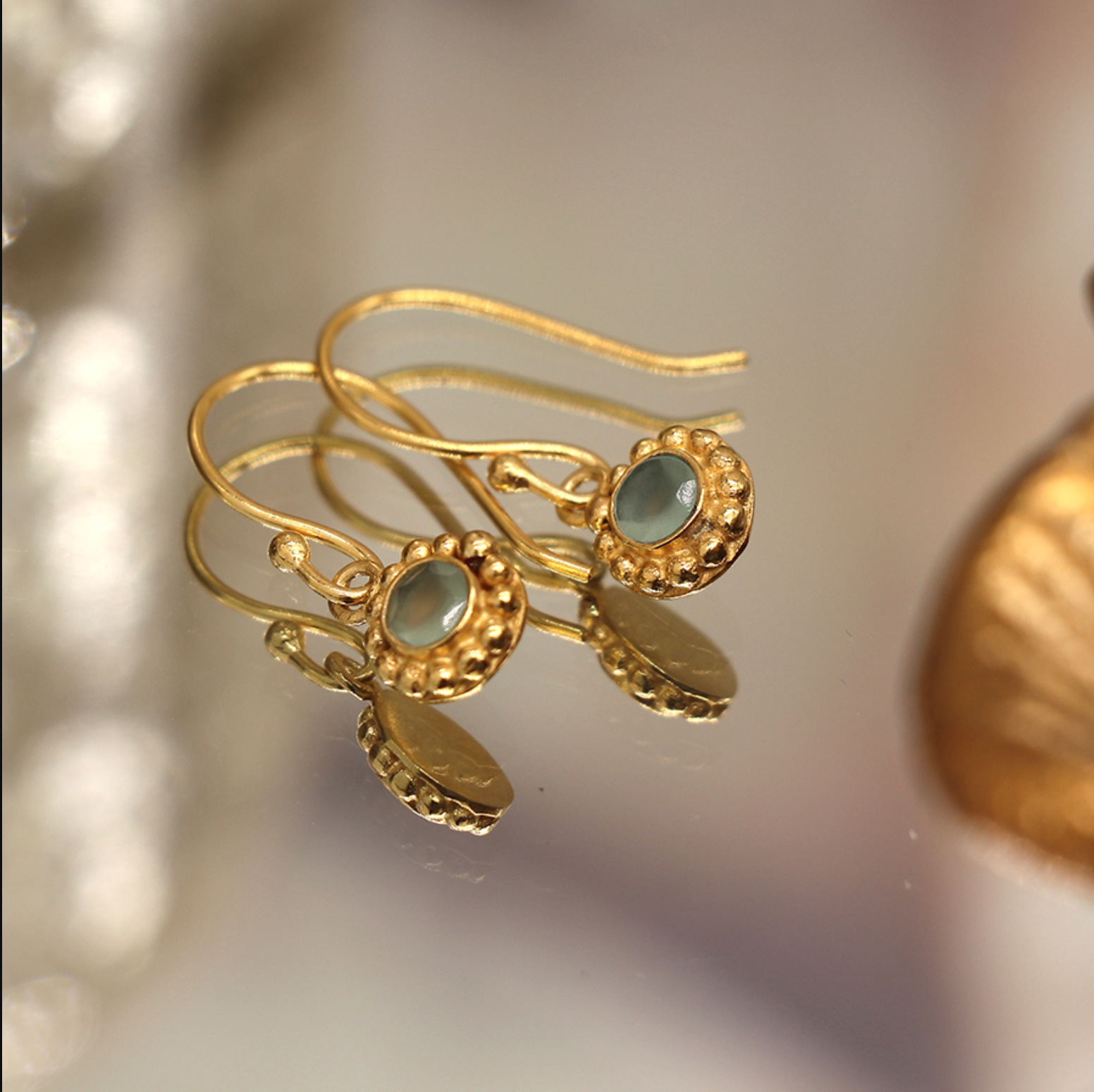 Aqua Chalcedony Gemstone Drop Earrings - Gold