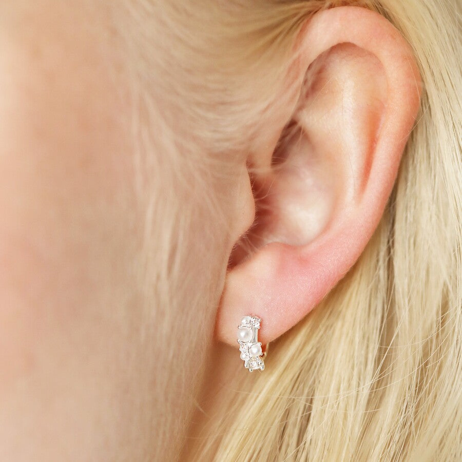 Pearl And Crystal Huggie Hoop Earrings - Silver