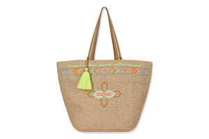 Large linen beach bag with fluoro bead design and yellow tassel