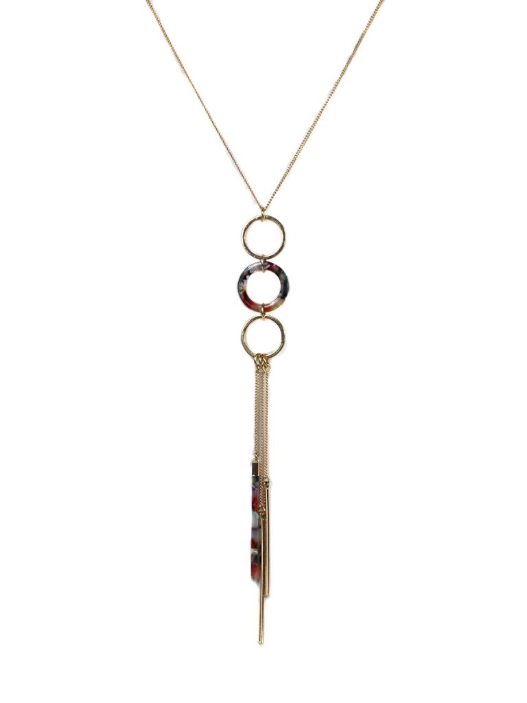 A gold necklace with gold and multicolour resin hoops, gold chain and resin drops 