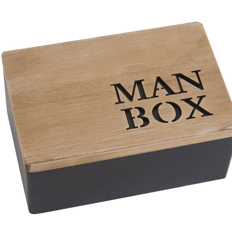 Black storage box with natural wood lid and man box engraved on lid