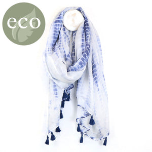 Blue and white tie dye scarf sarong with navy tassels 