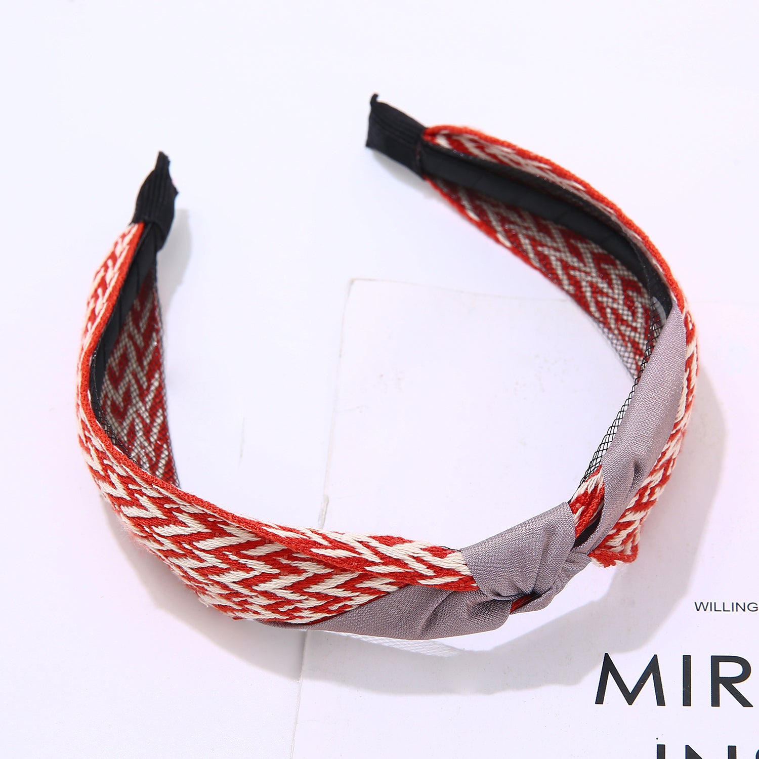 Red and white pattern hairband with grey ribbon knot