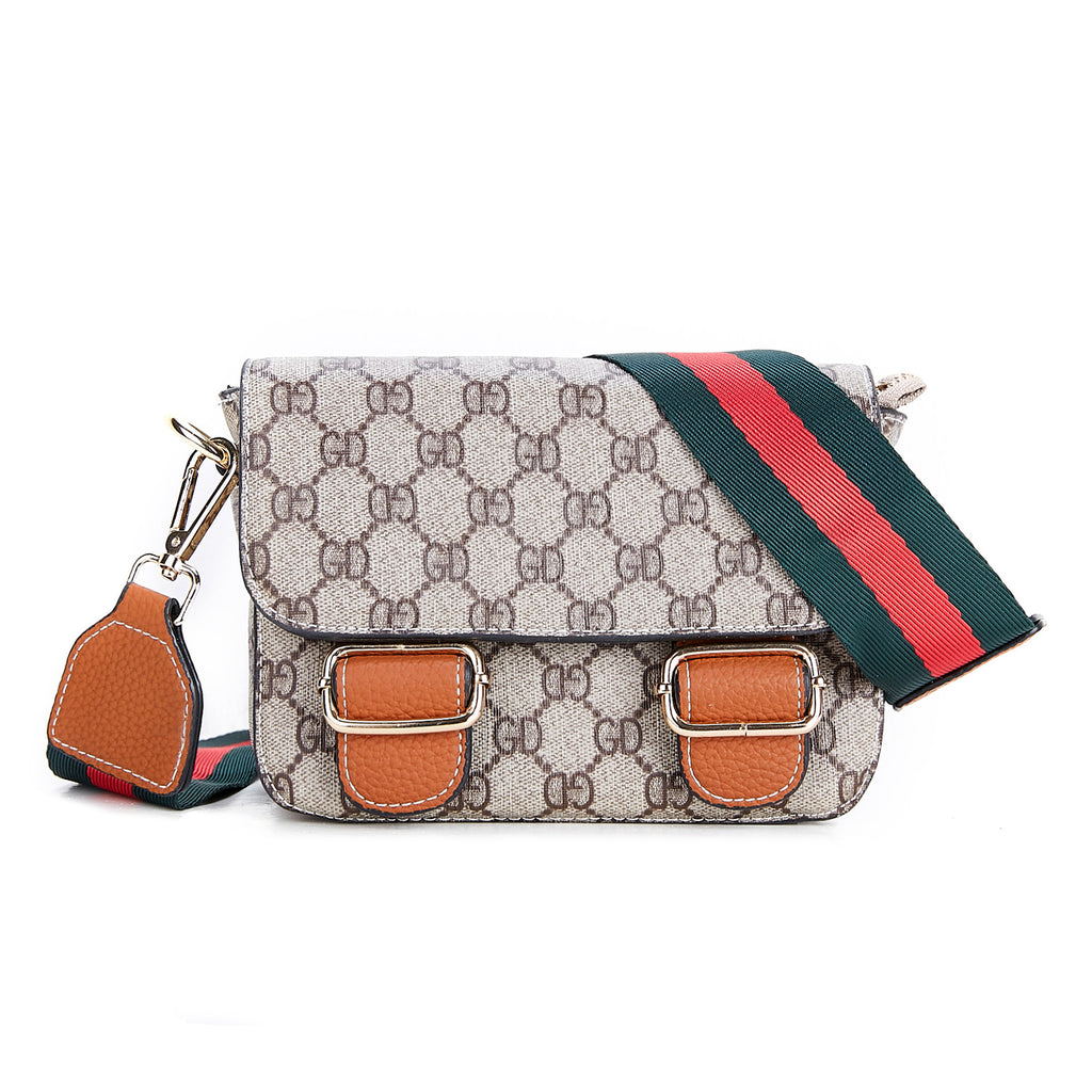 Beige logo handbag with tan clasps and red and green striped strap