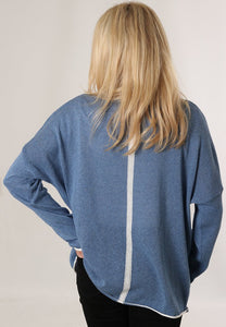 Denim blue cotton jumper with white trim and stripe down back