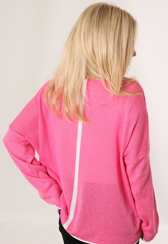 Pink cotton jumper with white trim and stripe down back