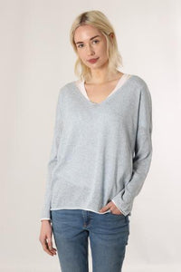 Light blue cotton jumper with white trim and stripe down back