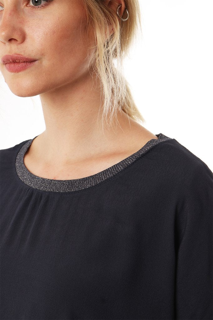 Metallic Cuff And Neckline Top - Navy