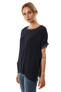 Metallic Cuff And Neckline Top - Navy