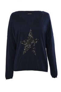 Leopard Star Cashmere Blend Jumper - Navy Blue