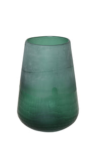 Green glass tapered shaped vase with textured lower half 