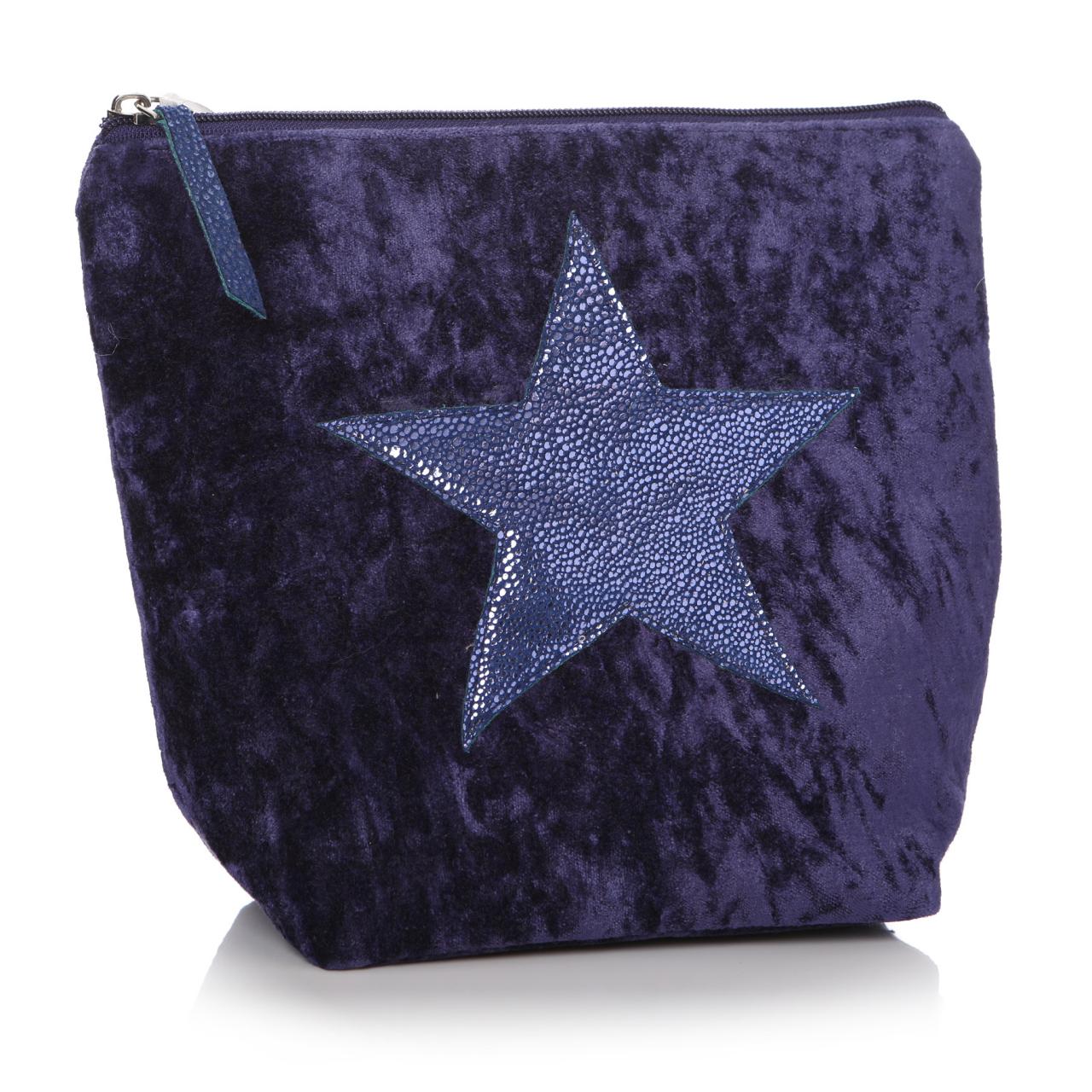 Navy velvet wash bag with navy star on front